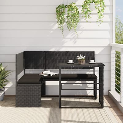 vidaXL - Tuinbank - met - tafel - en - kussens - L-vormig - poly - rattan - zwart