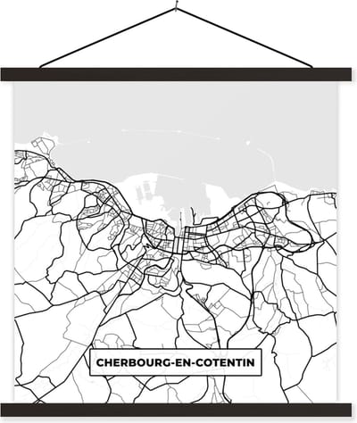 Posterhanger incl. Poster 60x60 cm - Schoolplaat - Frankrijk - Plattegrond - Cherbourg-en-Cotentin - Stadskaart - Kaart - Zwart wit - Textielposter - Zwarte latten - Stadskaart