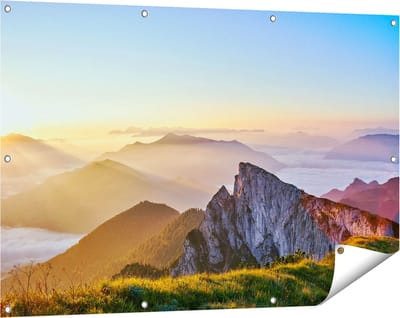 Gards Tuinposter Zonsopkomst in de Bergen in de Alpen - 120x80 cm - Tuindoek - Tuindecoratie - Wanddecoratie buiten - Tuinschilderij