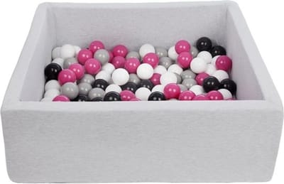 Ballenbak vierkant - grijs - 90x90x30 cm - met 150 wit, fuchsia, grijs en zwarte ballen - Inclusief opbergzak