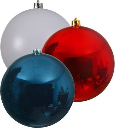 Kerstversieringen set van 6x grote kunststof kerstballen blauw-wit-rood 14 cm glans - 2x per kleur