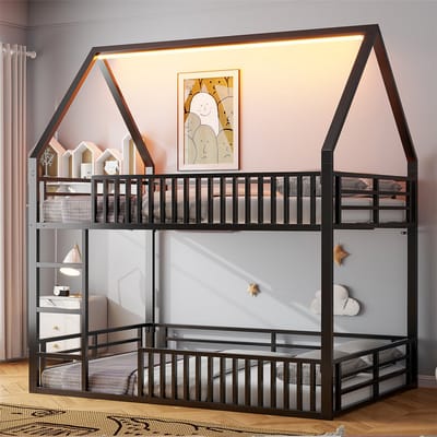 YEHTOKHOME Metalen Hoogslaper 140x200 cm met LED-verlichting, Kinderstapelbed met ladder en leuning in hekwerkstijl, Kinderbed, Zwart, Zonder matras