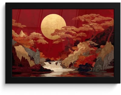 Poster in lijst - Fotolijst 30x20 cm - Posters - Volle maan - Landschap - Waterval - Posterlijst zwart - Decoratie - Wanddecoratie woonkamer - Muurdecoratie slaapkamer