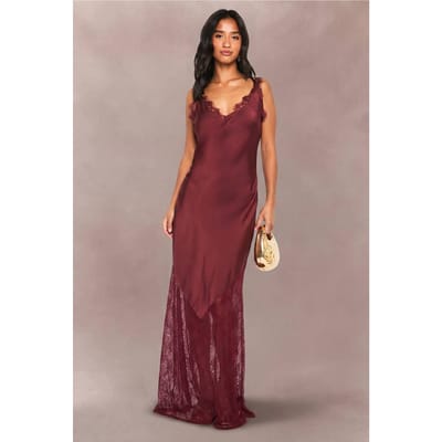 boohoo Dames Petite Slipjurk met kanten zoom | Bordeaux Rood | Maat: 36