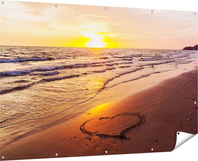Gards Tuinposter Zonsondergang op het Strand met een Hartje - 180x120 cm - Tuindoek - Tuindecoratie - Wanddecoratie buiten - Tuinschilderij