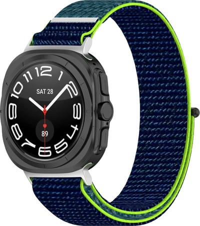 By Qubix - Compatible Samsung bandje - Nylon Sport loop bandje - Blauw met lime groen - Geschikt voor Samsung Galaxy Watch Ultra / Ultra 2 - 47mm