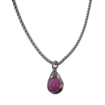 60cm x 3mm Jasseron-Ketting + Paarse Chalcedoon-Jade Steen Hanger Dames - RVS - Handgemaakt Natuursteen Hanger met Ketting