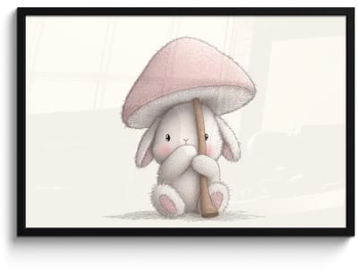 Poster in lijst - Fotolijst 90x60 cm - Posters - Paddenstoel - Konijn - Roze - Posterlijst zwart - Decoratie - Wanddecoratie woonkamer - Muurdecoratie slaapkamer