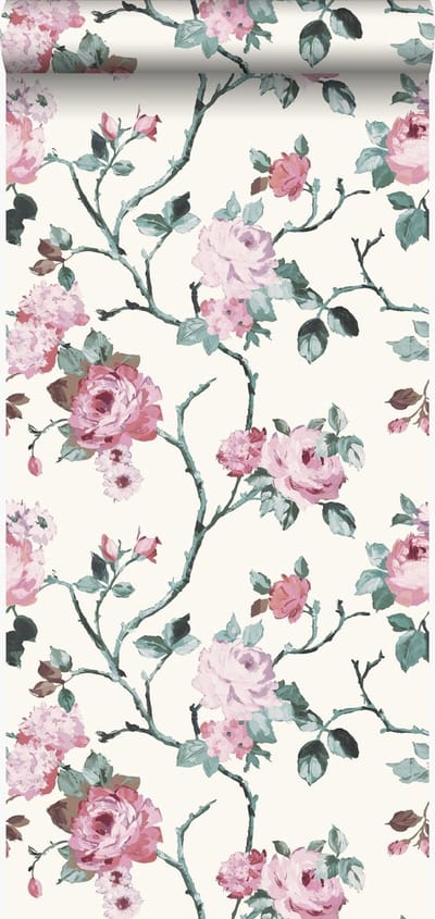 Origin Wallcoverings behang bloemen gebroken wit en licht roze en groen - 53 cm x 10.05 m - 347433