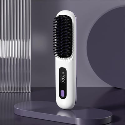 Verwarmde kam Geschikt voor kort haar, oplaadbare draadloze kam, 2-in-1 Geschikt voor stijlen en krullen, 3 temperatuurstanden (wit).