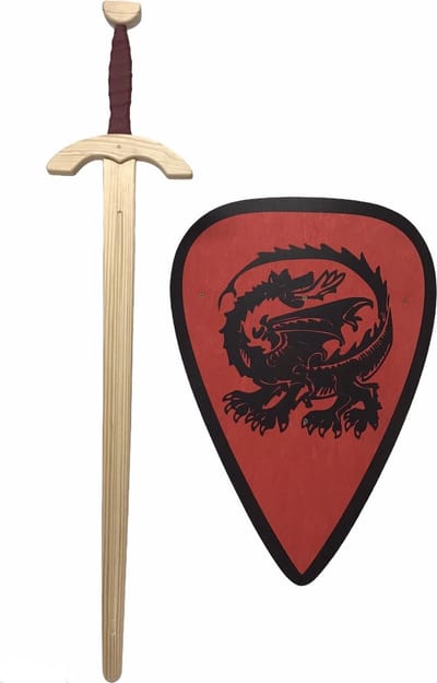 roofridderzwaard met ridderschild rood met draak kinderzwaard houten ridder zwaard schild
