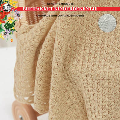 Breipakket deken- kinderdeken- kado-kraamcadeau- Ecopuno garen-Lana Grossa-model 36 van Infanti 19 - zilvergrijs 045