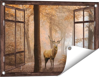 Gards Tuinposter Doorkijk Hert in het Bos - Herfst - 60x40 cm - Tuindoek - Tuindecoratie - Wanddecoratie buiten - Tuinschilderij