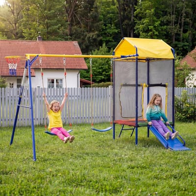 Speeltoren met trampoline - Buitenspeeltoestel Tuin - Actief Spelen Buiten - 4-in-1 Combinatie - 336x217x238cm - Kleurrijk