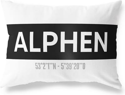 Tuinkussen ALPHEN - GELDERLAND met coördinaten - Buitenkussen - Bootkussen - Weerbestendig - Jouw Plaats - Studio216 - Modern - Zwart-Wit - 50x30cm