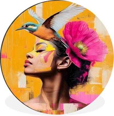 WallCircle - Wandcirkel - Muurcirkel - Vogel - Vrouw - Abstract - Bloem - Aluminium - Dibond - 30x30 cm - Binnen en Buiten