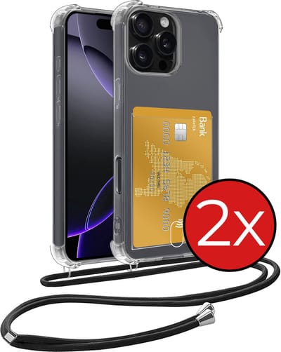 Hoesje Geschikt voor iPhone 16 Pro Hoesje Met Telefoonkoord en Pasjeshouder Siliconen - Hoes Geschikt voor iPhone 16 Pro Hoesje Met Kaarthouder Shock Proof Case - Transparant - 2 PACK