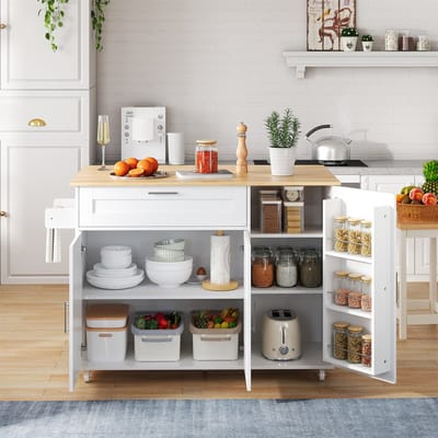MODFU Mobiel Keukeneiland - Uitklapbaar Werkblad En Opbergruimte - Modern - Voor Keuken Of Eetkamer - MDF - Wit En Naturel - 132,5 x 44/70 x 90 cm