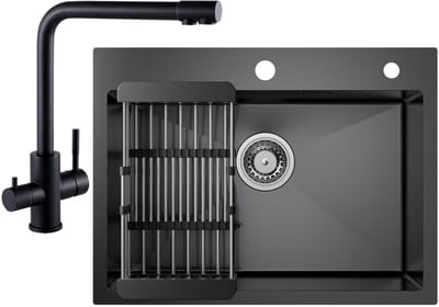 CECIPA max Spoelbak RVS (60x45CM) Antraciet - Spoelbak Keuken Met 3 Wege Keukenkraan - Spoelbakken Keuken Met Afdruiprek - Met Kraangat - RVS Gootsteen Met Afdruiprek