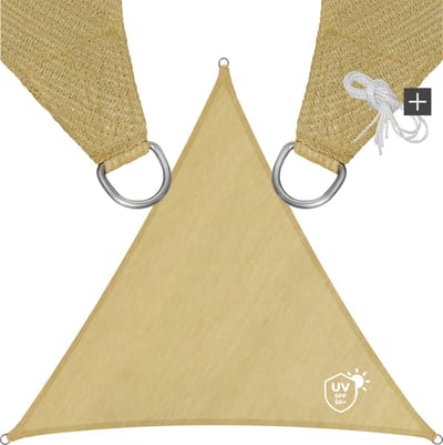 tectake® Driehoekig zonnescherm met UV-bescherming - Licht- en scheurbestendig, ademend - Zonwering voor tuin, balkon en terras - Inclusief spankabels - 3x3x3 m - Zandkleur