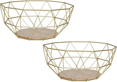 levandeo Set van 2 metalen manden, goud, 26 x 12 cm, fruitmand, modern, hout, MDF, bruin, kom, decoratie, fruitschaal, tafeldecoratie