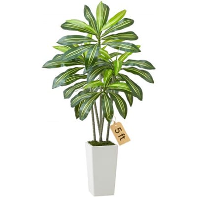 VEVOR Kunstmatige Dracaena, 1,5 meter hoge drakenboom, tropische planten met witte hoge plantenbak, kunstzijden plant in pot, grote bomen voor veranda's, woonkamers, patio's, huizen en kantoren