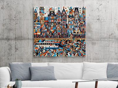 Modern amsterdam schilderij | Amsterdamse verbeelding: een hedendaags kunstwerk in de stad | Kunst - 20x20 centimeter op Canvas | Foto op Canvas