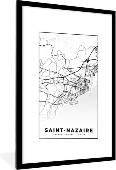 Fotolijst incl. Poster Zwart Wit- Plattegrond - Saint-Nazaire - Kaart - Frankrijk - Stadskaart - Zwart wit - 60x90 cm - Posterlijst