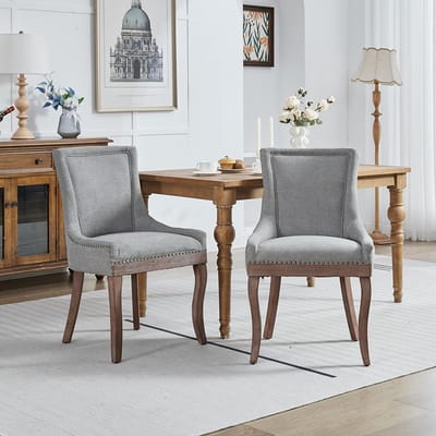 Pugsdrly Side eetkamerstoel, stoelen van dikke stof met massief houten poten in neutrale kleur, bronzen spijkers, set van 2, grijs, DE1807GY