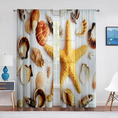 Zeester Kleurrijk Diverse Schelpen Zeekust met Zand Tule Gordijnen voor Woonkamer Keuken Slaapkamer Decoratie Transparant Voile Gordijn 1 PCS W100XH250cm&Grommet Top