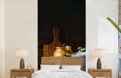 Behang - Fotobehang Rustiek - Stilleven - Pan - Groente - Breedte 120 cm x hoogte 240 cm