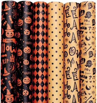 Dailygoods - 6 Vellen Halloween Inpakpapier Set, Bruin Kraft Vintage Cadeaupapier voor Cadeau, Perfect voor Dag van de Doden (6 Ontwerpen)