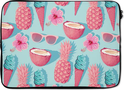 Laptophoes 14 inch - Zomer - Ananas - Bloemen - Zonnebrillen - Laptop sleeve - Binnenmaat 33x23 cm - Zwarte achterkant