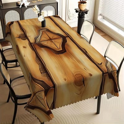 Rustiek Houtnerf Tafelkleed, Natuurlijke Eikenhout Textuur met Live Edge Print, Golvende Rand, Vlekbestendig, voor Eetkamer & Hut 90x140cm beige