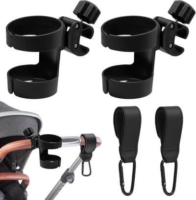 Universele Flessenhouder voor Kinderwagens met 360 Graden Rotatie, Geschikt voor Babyflessen, Koffiemokken en Waterflessen, Inclusief 2 Haakjes voor Extra Stabiliteit