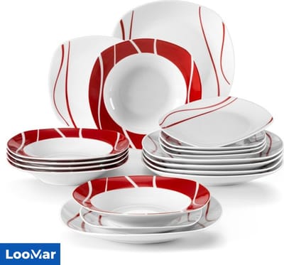 LooMar Serviesset – 18 delig – 6 persoons – Porselein - Luxe – Wit met Print - Rood– Bordenset – Dinner platen – Dessertborden - Felisa