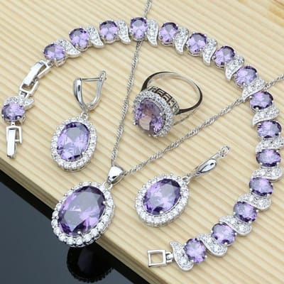 Paarse Edelsteen Amethist Sieraden Kit Oorbellen Ring Accessoires Dames Bruiloft Apen Ketting Kit 10 paars