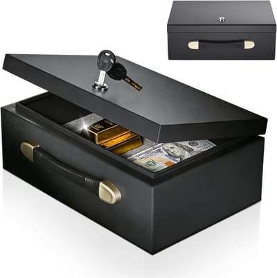 Draagbare kluis van 18 liter, brand- en waterdicht met sleutel, kleine thuiskluis met handvat, optimale bescherming tegen brand, overstroming en diefstal, 15.5 x 36.3 x 28.5 cm