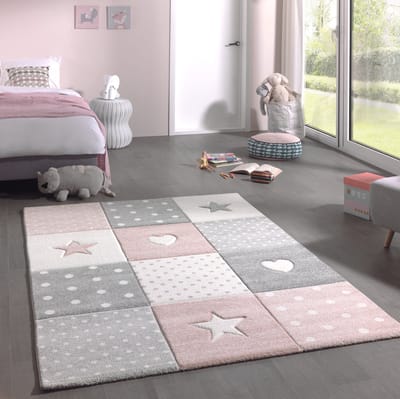 the carpet Monde Kids – zacht kindertapijt met harten, sterren en stippen, korte pool, onderhoudsvriendelijk en allergievriendelijk, roze/grijs, 120 x 170 cm