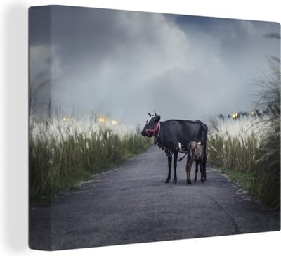 Canvas Schilderij Koe met kalf - 80x60 cm - Wanddecoratie