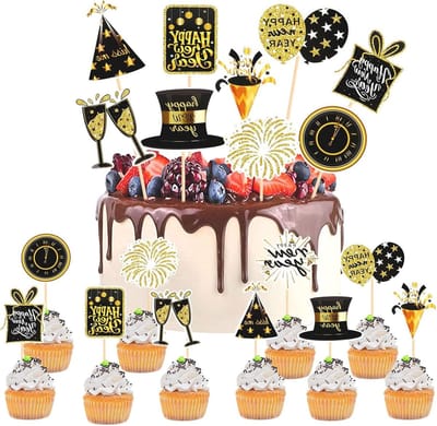 Dailygoods- Taartdecoratie 20 Stuks - Cupcake Toppers - Oudejaarsavond Decoratie - Vrolijk Nieuwjaar - Hoogwaardig Karton - Zwart Goud