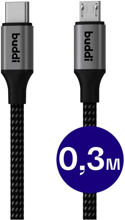 Buddi Flex | USB-C naar Micro-USB Kabel 12W 5V/2.4A | 480Mbps Dataoverdracht | Gevlochten Nylon | 0,3M | Zwart