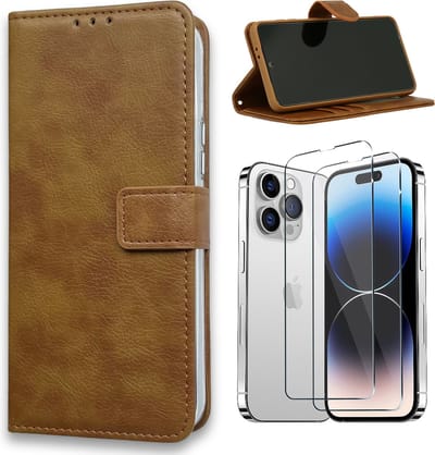 Casemania Hoesje Geschikt voor Apple iPhone 15 Bruin & 2X Glazen Screenprotector- Portemonnee Book Case - Kaarthouder & Magneetlipje