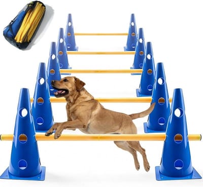 Behendigheidset Honden - Cavaletti Set - Training en Beweging - Flexibele Hoogte-instelling - 10 Kegels 5 Stangen - Blauw Geel