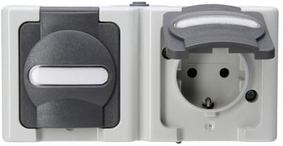 Kopp 131256002 BlueElectric Compleet Wandcontactdoos met randaarde en klapdeksel spatwaterdicht Grijs 2-voudig 1 stuk(s