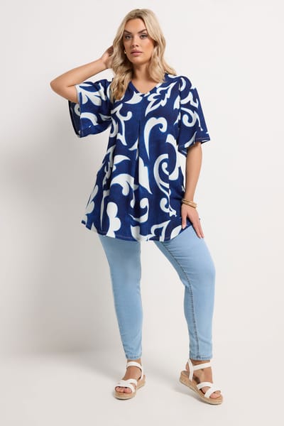 Yours Blauwe Abstracte Top Met Plooien Aan De Voorkant Size 44