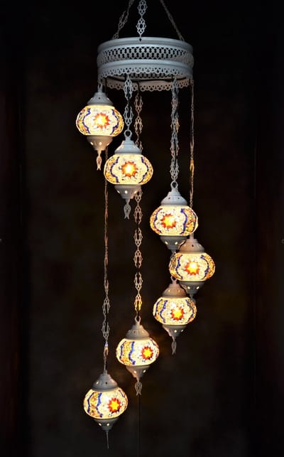 Hanglamp multicolour blauw wit glas mozaïek Oosterse lamp kroonluchter Crèmewit 7 bollen