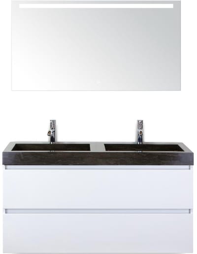 Maxx XL Badmeubelset 120 cm - Wit Hoogglans - Wastafel Lucca Dubbel 2 Kraangaten met LED Spiegel