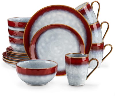 Home & Beyond® 16-delige Serviesset Rood/Grijs – Stoneware Servies voor 4 Personen – Dinerborden, Dessertborden, Ontbijtkommen & Mokken – Vaatwasser- en Magnetronbestendig