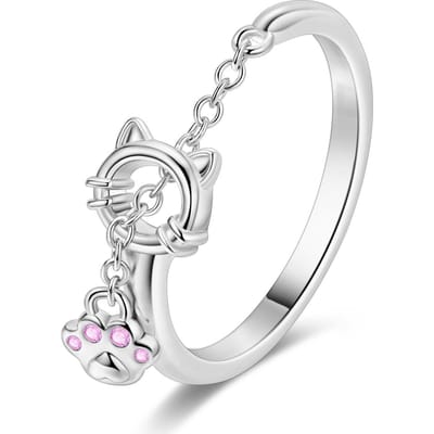Koper Schattige Kattenpoot Ketting Open Ring Voor Vrouwen Roze Zirkonia Ingelegd Delicaat Verstelbaar Dier Fijn Sieraden Cadeau white
